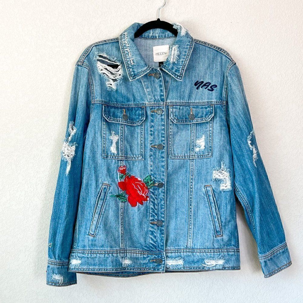 Hidden Jeans Embroidered Distressed Denim Jean Jacket, Size Small